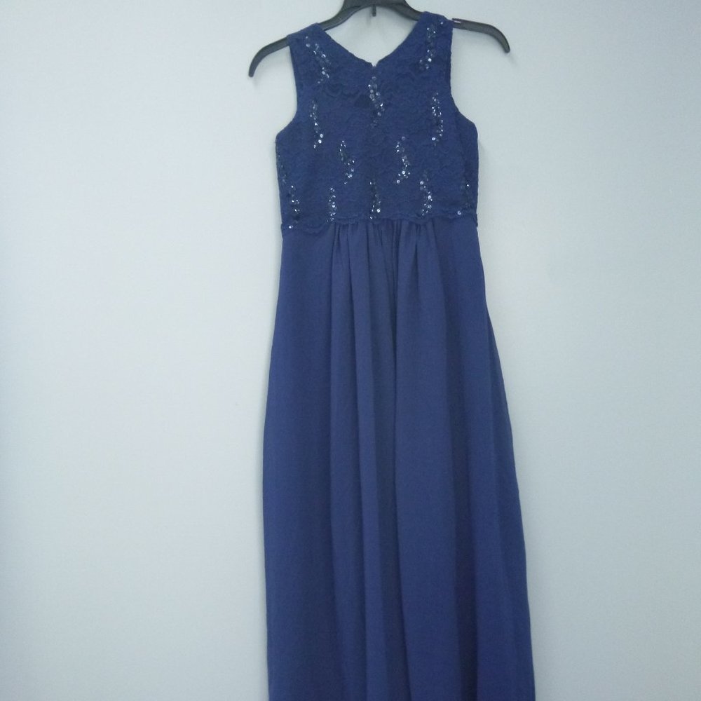 JJ's House Navy Blue Long Lace Chiffon Junior Bridesmaid Dress Sz 12 253676